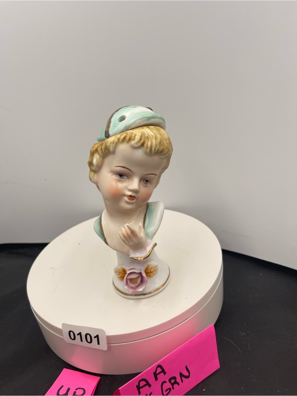 Vintage Style Mint and White Women's Hat -pin holder N on bottom